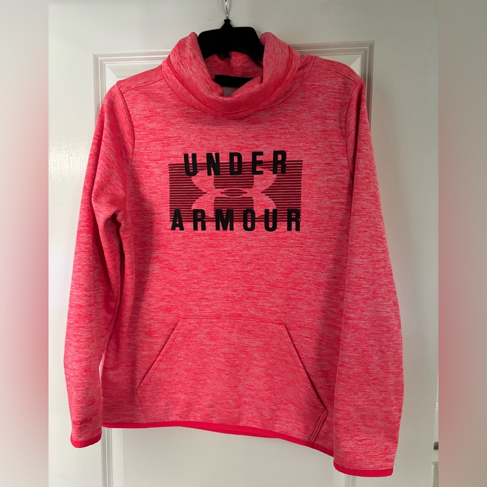 Under Armour ColdGear Hoodie Women’s L Coral Pink Loose Fit Pullover Fleece